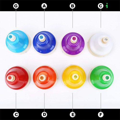 Hand Bells asztali csengőkészlet - 8 db-os diatonikus színes csengettyűk hangolva